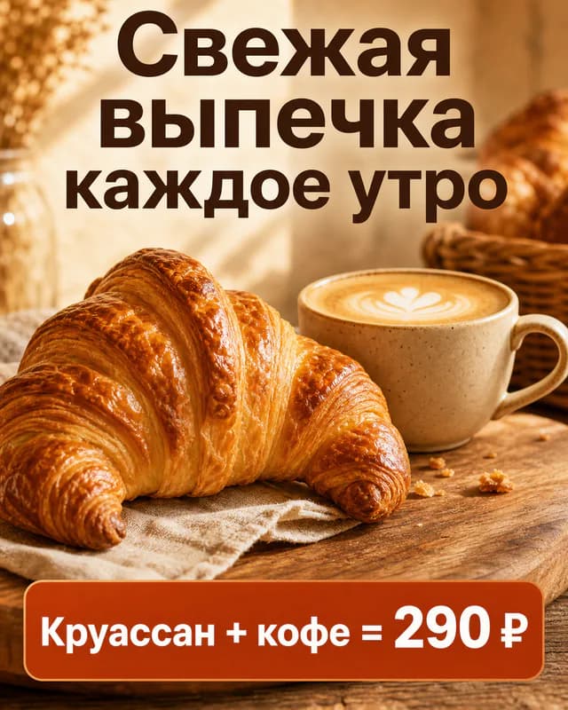 Баннер пекарни для ВК Реклама 1080×1350: «Свежая выпечка каждое утро», «Круассан + кофе = 290 ₽»