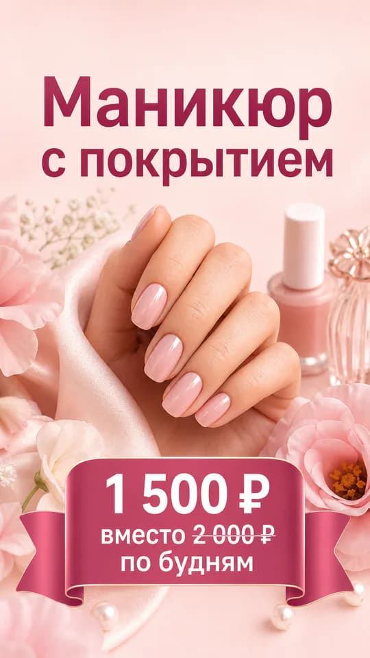Сторис 1080×1920 для салона маникюра: «Маникюр с покрытием», «1 500 ₽ вместо 2 000 ₽ по будням»