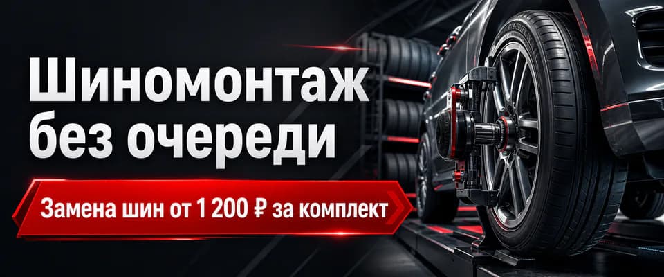 Широкий баннер для сайта 1920×800 шиномонтажа: «Шиномонтаж без очереди», «Замена шин от 1 200 ₽ за комплект»