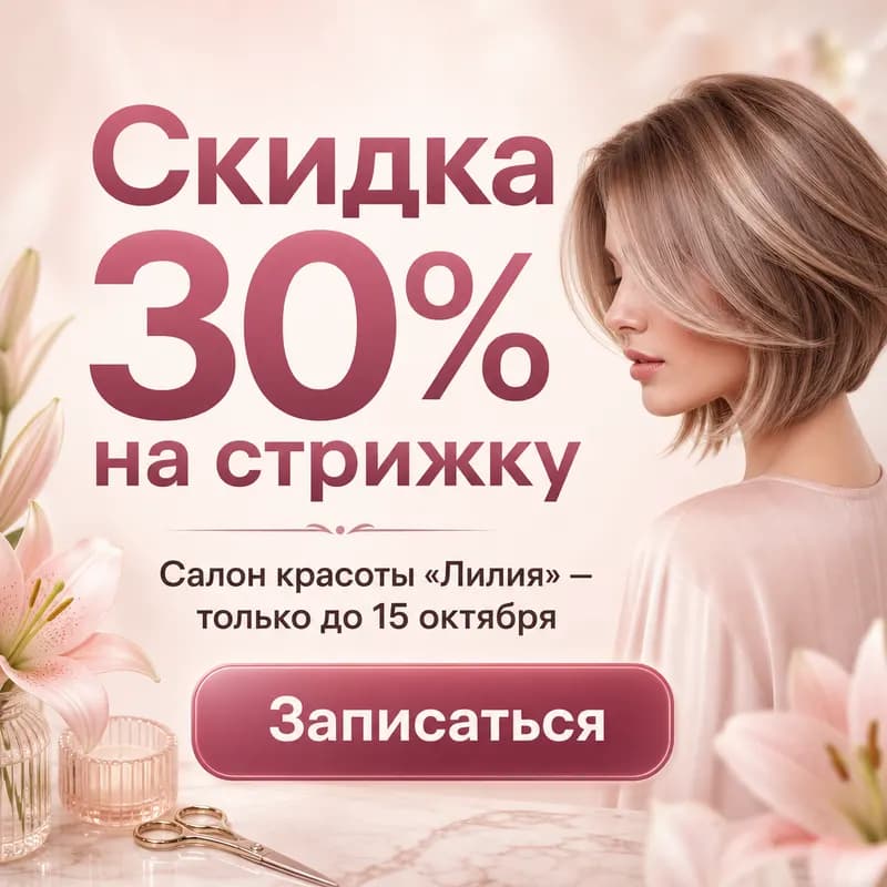 Квадратный баннер для ВК 1080×1080: «Скидка 30% на стрижку»