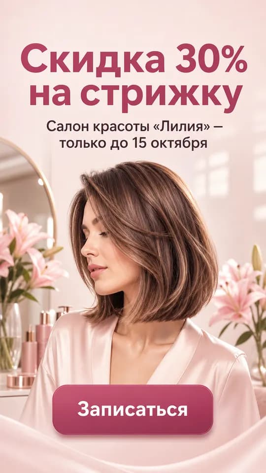 Баннер для сторис 1080×1920: «Скидка 30% на стрижку»