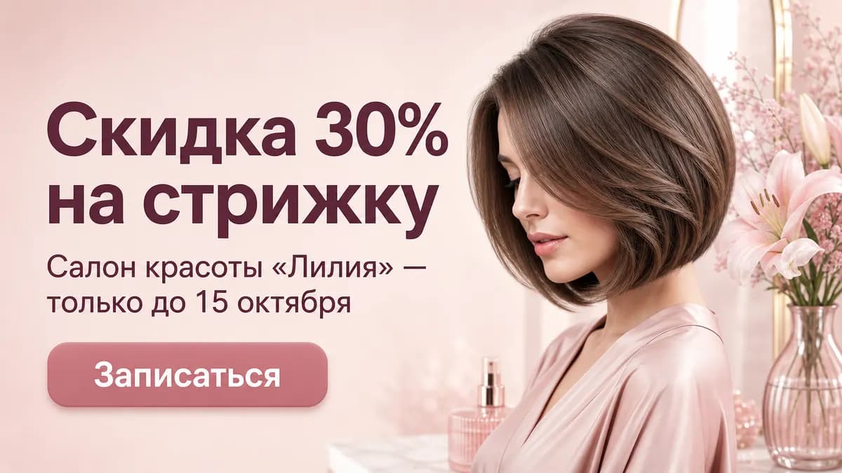 Широкоформатный баннер для Яндекс Директ 1920×1080: «Скидка 30% на стрижку»